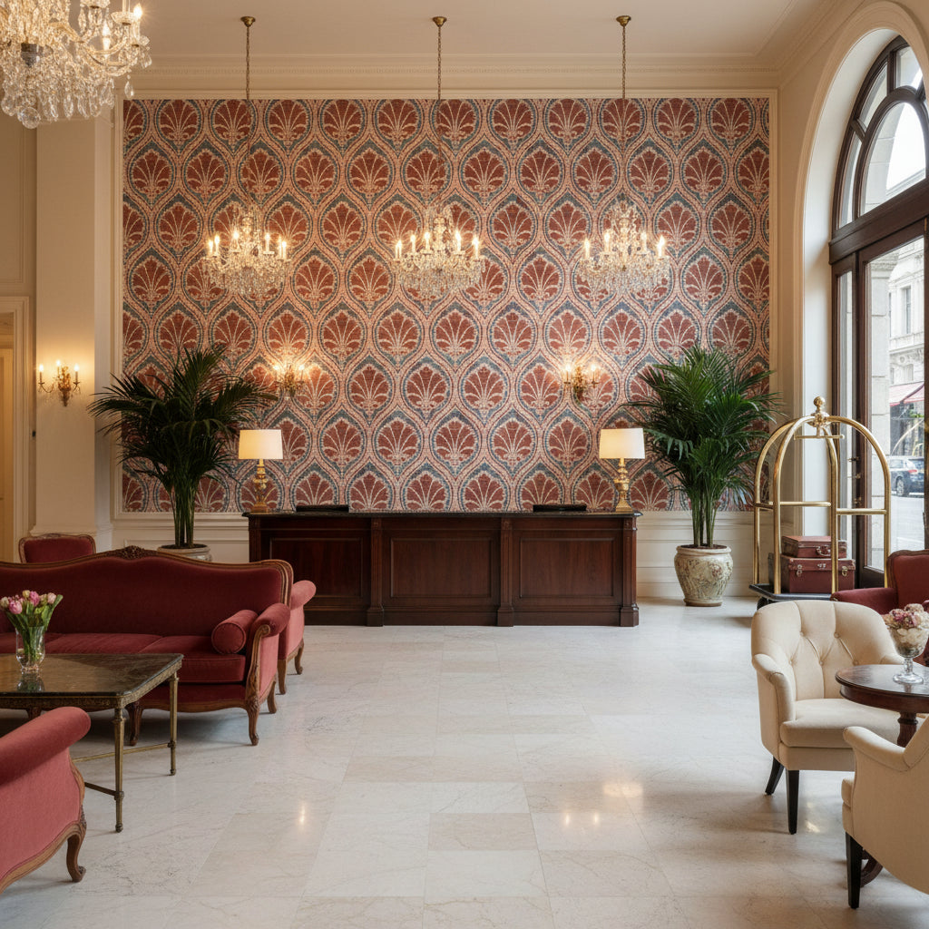 Seville Weave Denim/Brick | Kravet - Hotel Lobby Visualization (AI-generated, may not be to scale. Verify pattern scale with product specifications.)