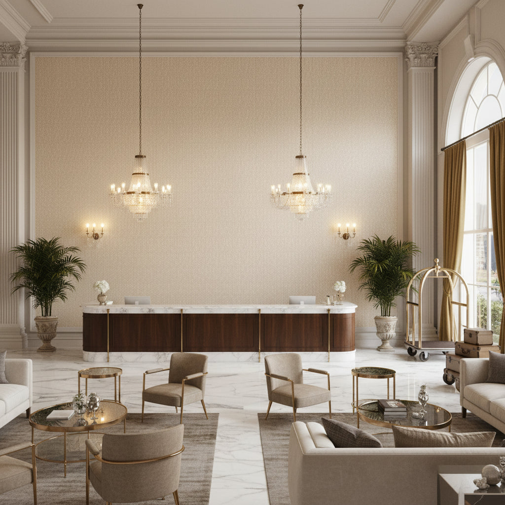 Leon Weave Sand | Kravet - Hotel Lobby Visualization (AI-generated, may not be to scale. Verify pattern scale with product specifications.)