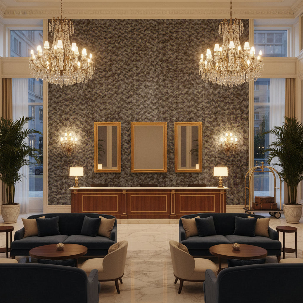 Leon Weave Navy | Kravet - Hotel Lobby Visualization (AI-generated, may not be to scale. Verify pattern scale with product specifications.)