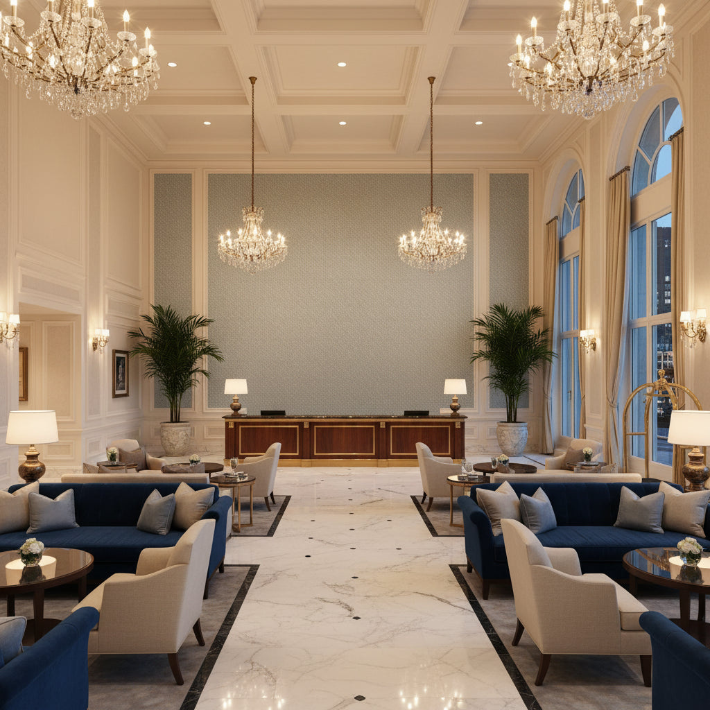 Leon Weave Aqua | Kravet - Hotel Lobby Visualization (AI-generated, may not be to scale. Verify pattern scale with product specifications.)