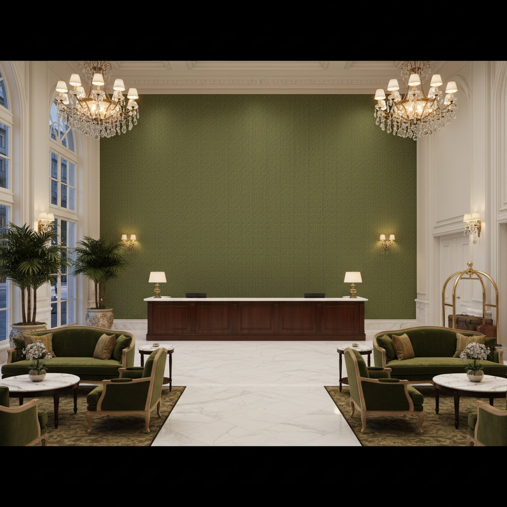 Leon Weave Hunter | Kravet - Hotel Lobby Visualization (AI-generated, may not be to scale. Verify pattern scale with product specifications.)