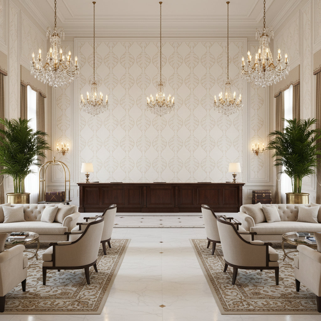 Lillie Embroidery Ivory | Kravet - Hotel Lobby Visualization (AI-generated, may not be to scale. Verify pattern scale with product specifications.)