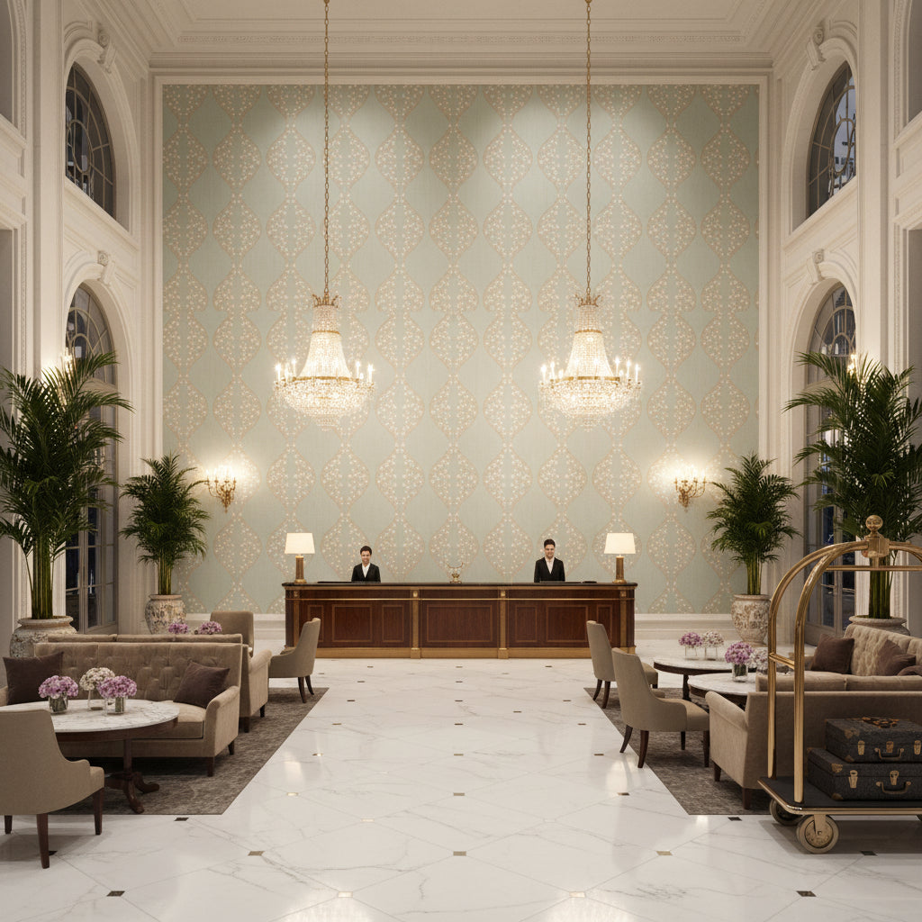 Lillie Embroidery pale green | Kravet - Hotel Lobby Visualization (AI-generated, may not be to scale. Verify pattern scale with product specifications.)