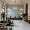 Lillie Embroidery light blue | Kravet - Hotel Lobby Visualization (AI-generated, may not be to scale. Verify pattern scale with product specifications.)