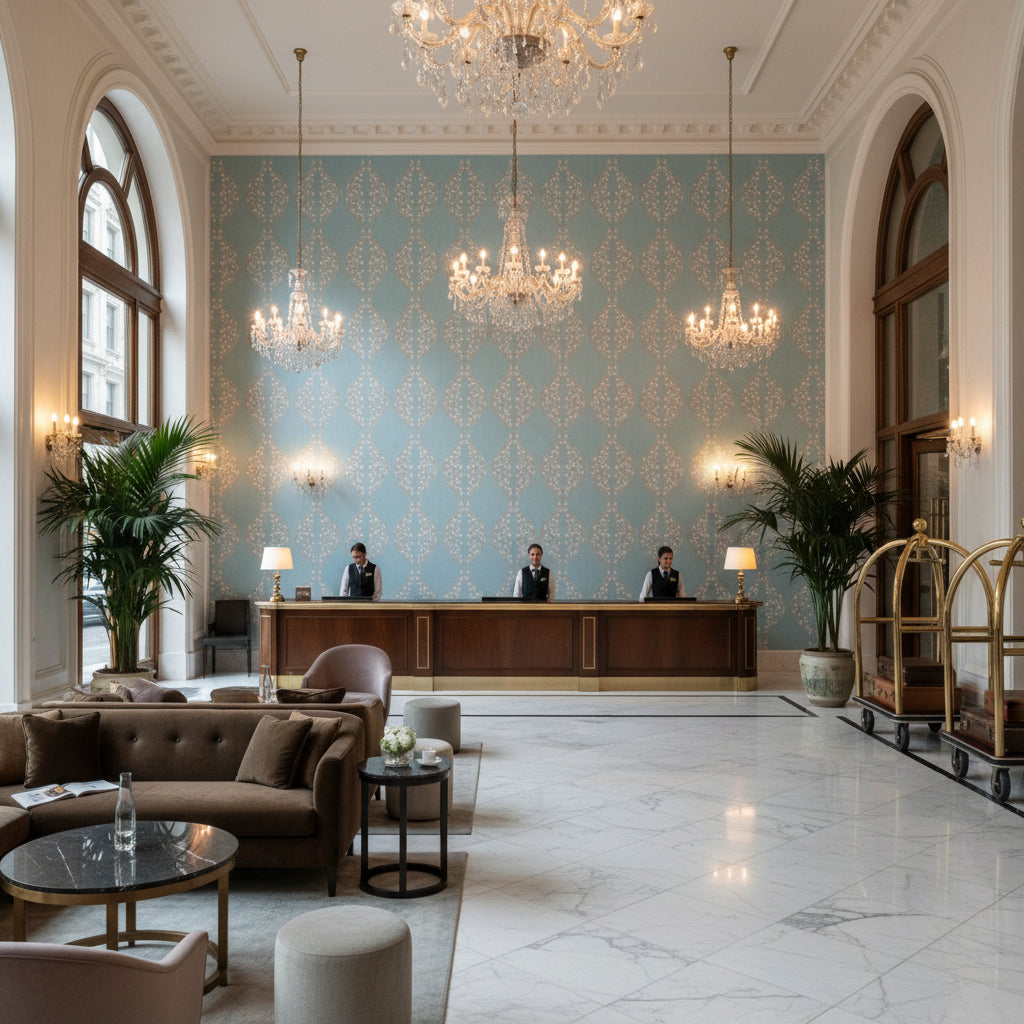 Lillie Embroidery light blue | Kravet - Hotel Lobby Visualization (AI-generated, may not be to scale. Verify pattern scale with product specifications.)