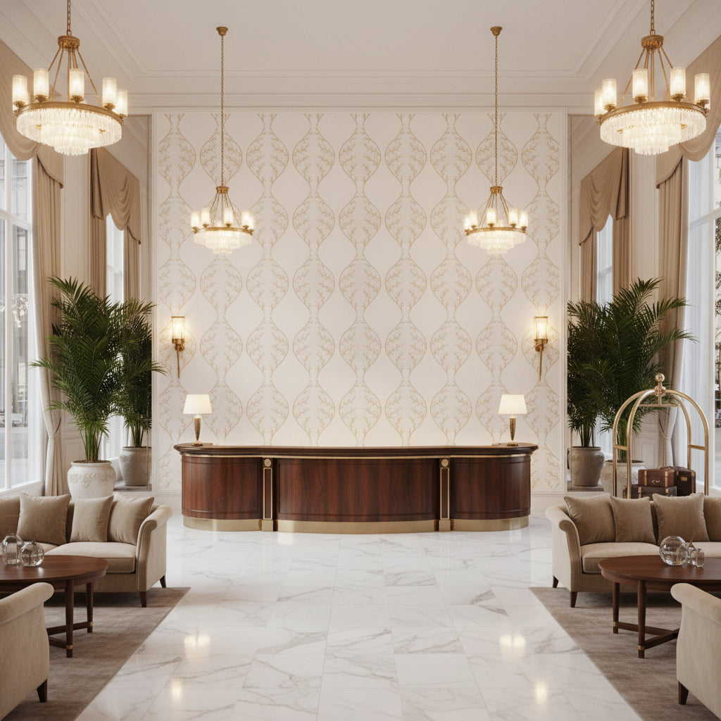 Lillie Sheer white | Kravet - Hotel Lobby Visualization (AI-generated, may not be to scale. Verify pattern scale with product specifications.)