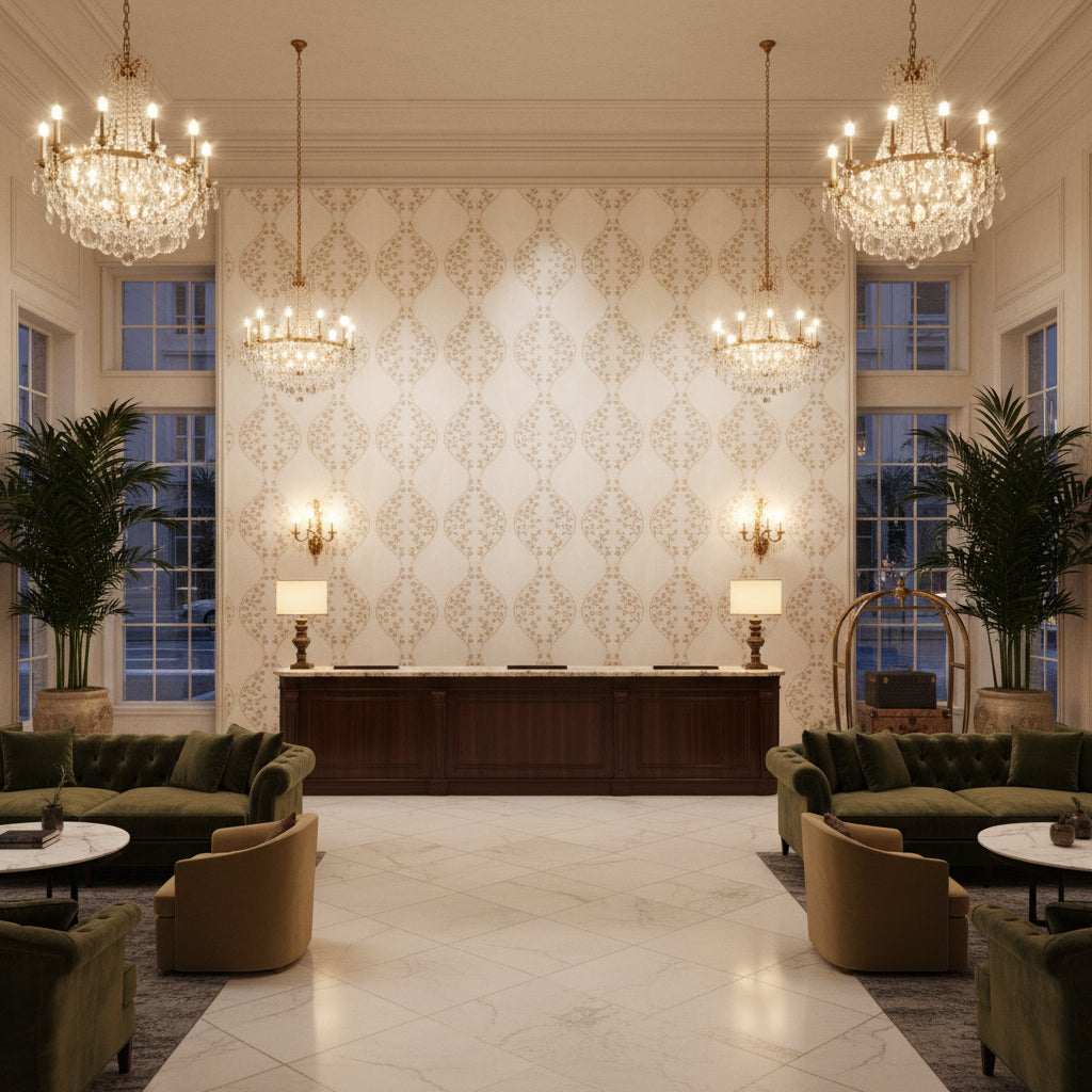 Lillie Sheer ivory | Kravet - Hotel Lobby Visualization (AI-generated, may not be to scale. Verify pattern scale with product specifications.)