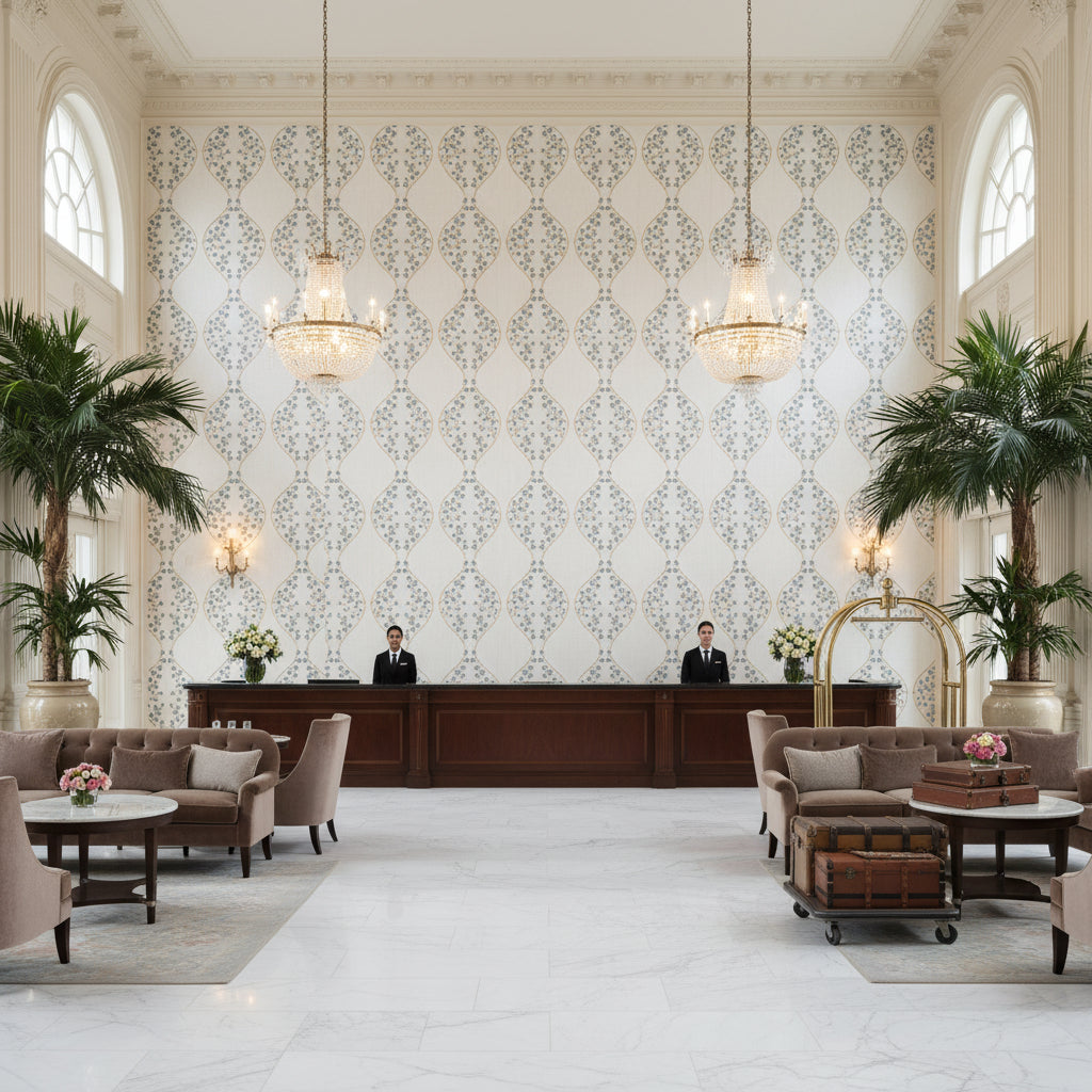 Lillie Sheer ivory | Kravet - Hotel Lobby Visualization (AI-generated, may not be to scale. Verify pattern scale with product specifications.)