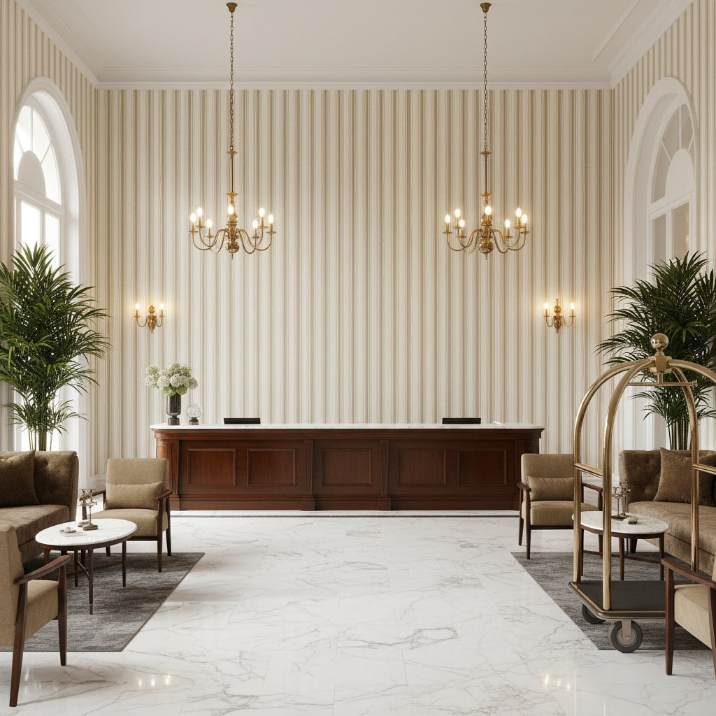 Baldwin Stripe Stone | Kravet - Hotel Lobby Visualization (AI-generated, may not be to scale. Verify pattern scale with product specifications.)
