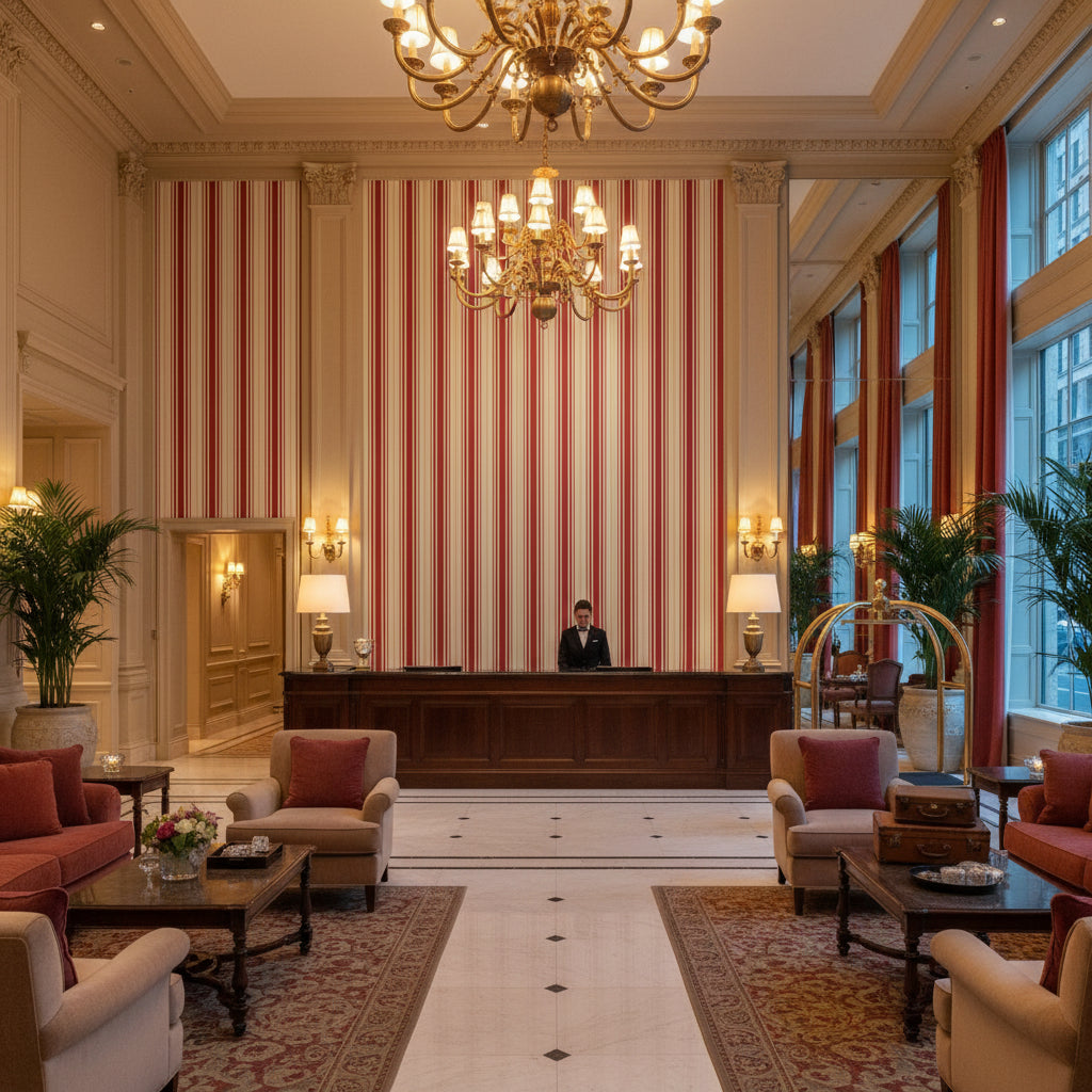 Baldwin Stripe Poppy | Kravet - Hotel Lobby Visualization (AI-generated, may not be to scale. Verify pattern scale with product specifications.)