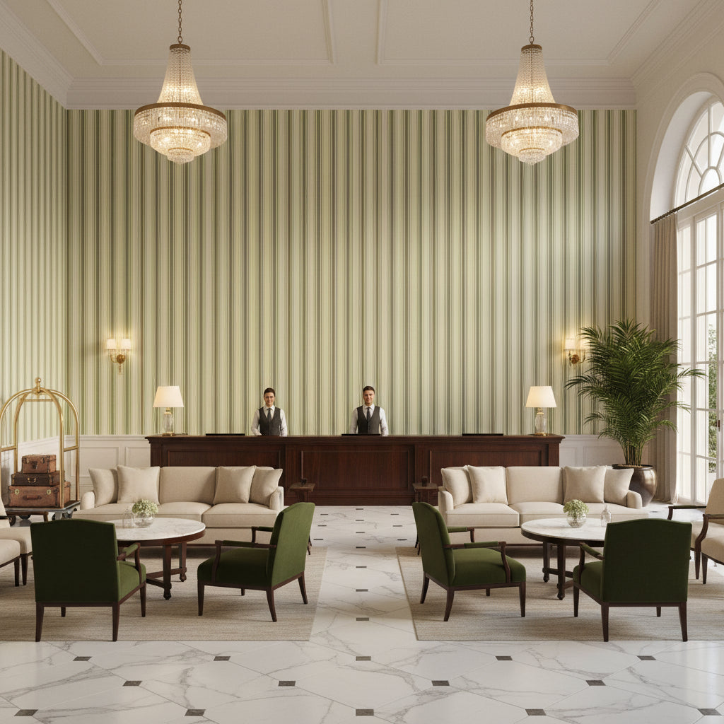 Baldwin Stripe Fern | Kravet - Hotel Lobby Visualization (AI-generated, may not be to scale. Verify pattern scale with product specifications.)