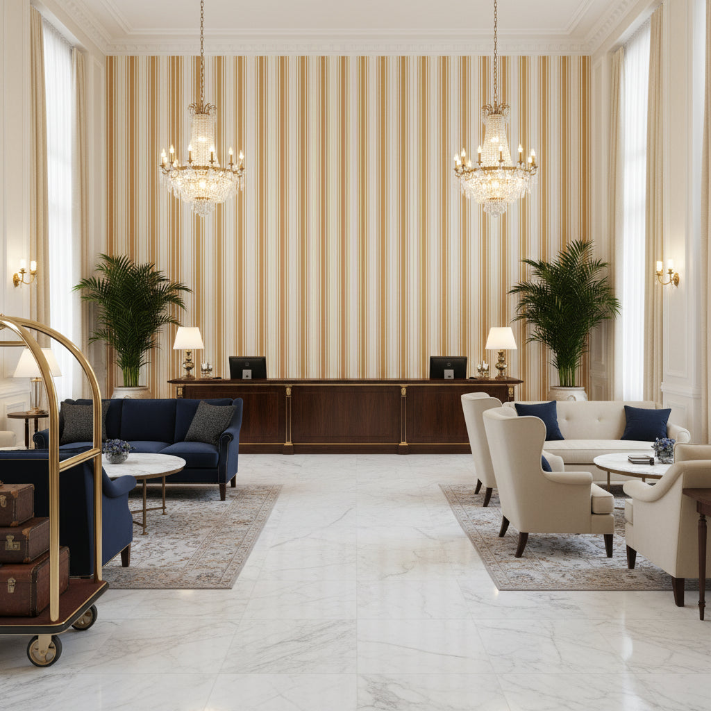 Baldwin Stripe Saffron | Kravet - Hotel Lobby Visualization (AI-generated, may not be to scale. Verify pattern scale with product specifications.)