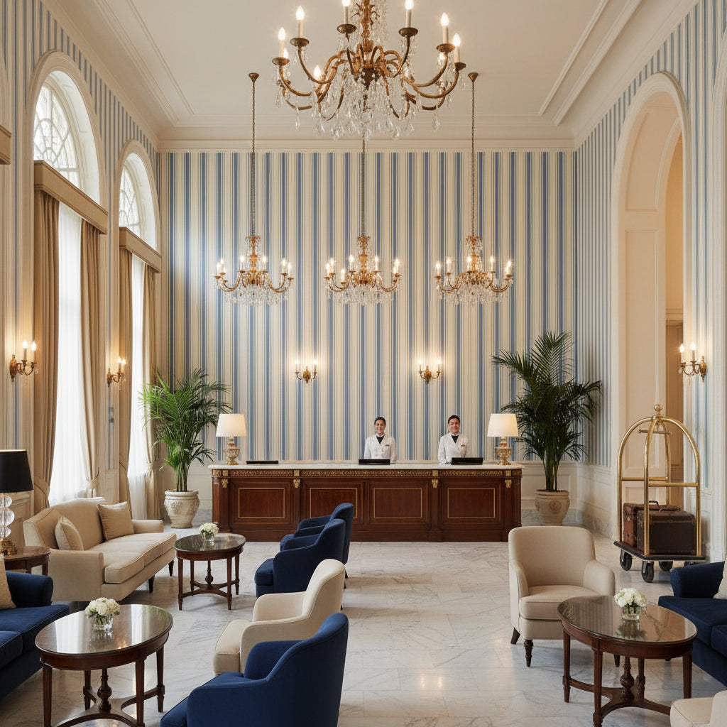 Baldwin Stripe Blue | Kravet - Hotel Lobby Visualization (AI-generated, may not be to scale. Verify pattern scale with product specifications.)