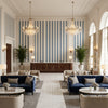 Baldwin Stripe Navy | Kravet - Hotel Lobby Visualization (AI-generated, may not be to scale. Verify pattern scale with product specifications.)