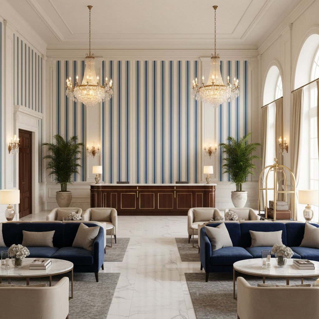 Baldwin Stripe Navy | Kravet - Hotel Lobby Visualization (AI-generated, may not be to scale. Verify pattern scale with product specifications.)