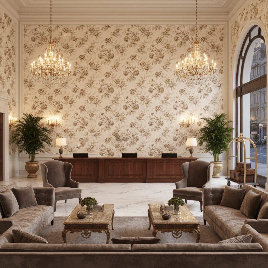 Boutique Floral Sand | Kravet - Hotel Lobby Visualization (AI-generated, may not be to scale. Verify pattern scale with product specifications.)
