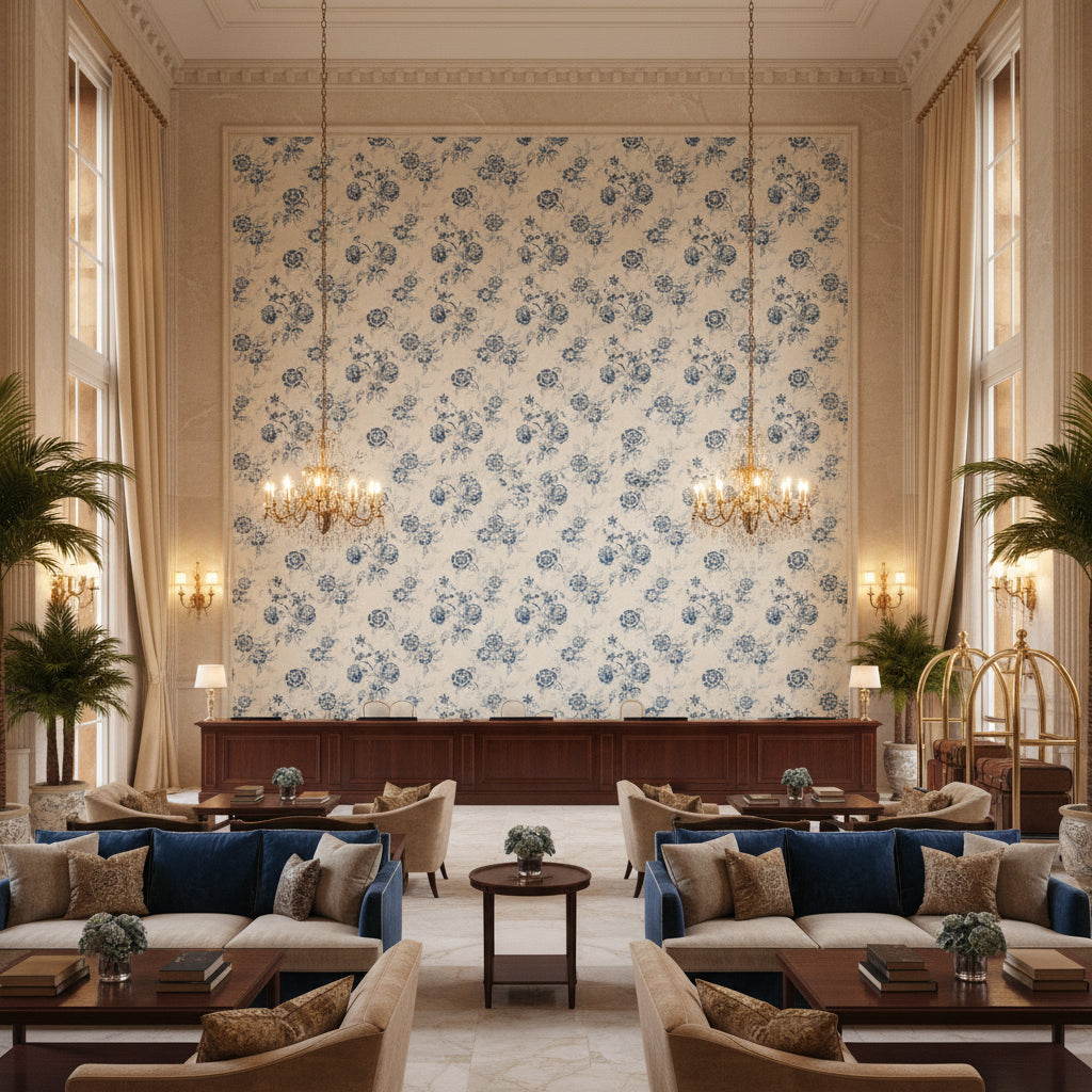 Boutique Floral Delft | Kravet - Hotel Lobby Visualization (AI-generated, may not be to scale. Verify pattern scale with product specifications.)
