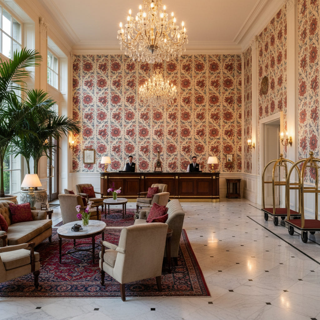 Calico Vine Blue Red | Kravet - Hotel Lobby Visualization (AI-generated, may not be to scale. Verify pattern scale with product specifications.)