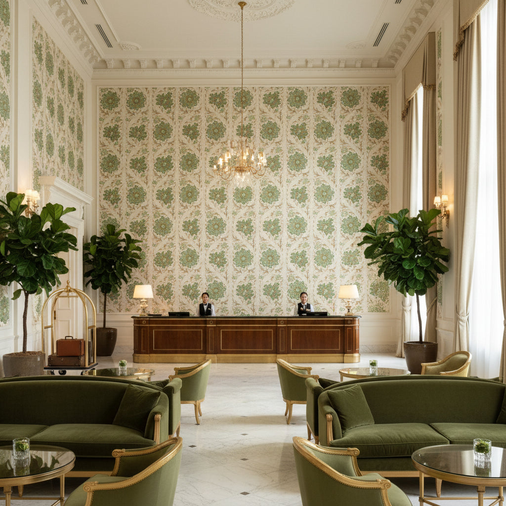 Calico Vine Greenery | Kravet - Hotel Lobby Visualization (AI-generated, may not be to scale. Verify pattern scale with product specifications.)