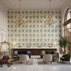 Calico Vine Green Blue | Kravet - Hotel Lobby Visualization (AI-generated, may not be to scale. Verify pattern scale with product specifications.)