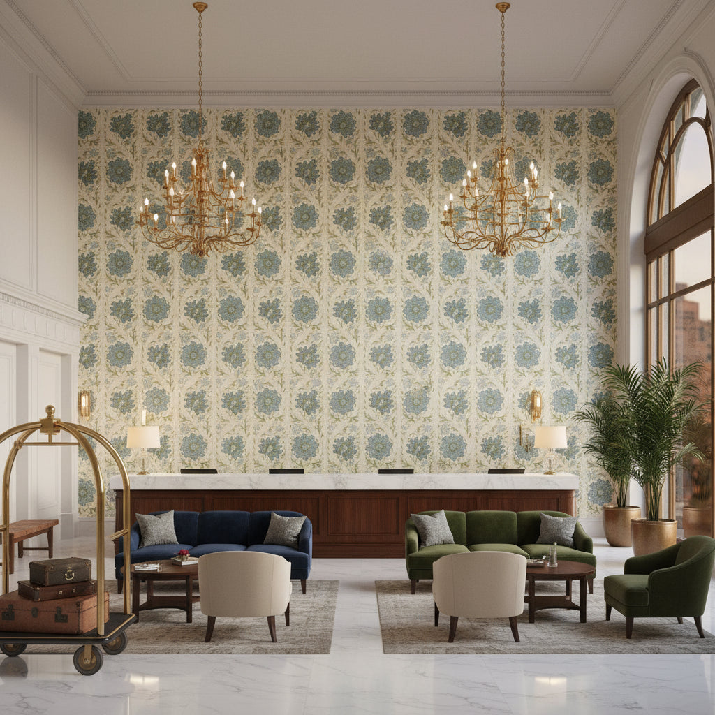 Calico Vine Green Blue | Kravet - Hotel Lobby Visualization (AI-generated, may not be to scale. Verify pattern scale with product specifications.)