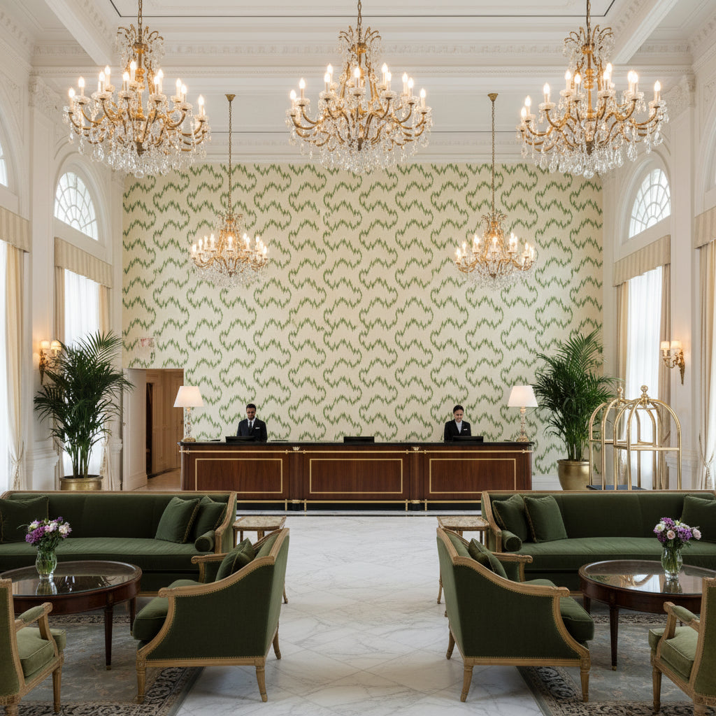 Mallorcan Ikat ivory | Kravet - Hotel Lobby Visualization (AI-generated, may not be to scale. Verify pattern scale with product specifications.)