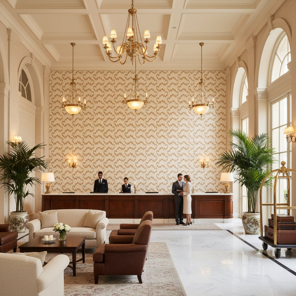 Mallorcan Ikat Camel | Kravet - Hotel Lobby Visualization (AI-generated, may not be to scale. Verify pattern scale with product specifications.)