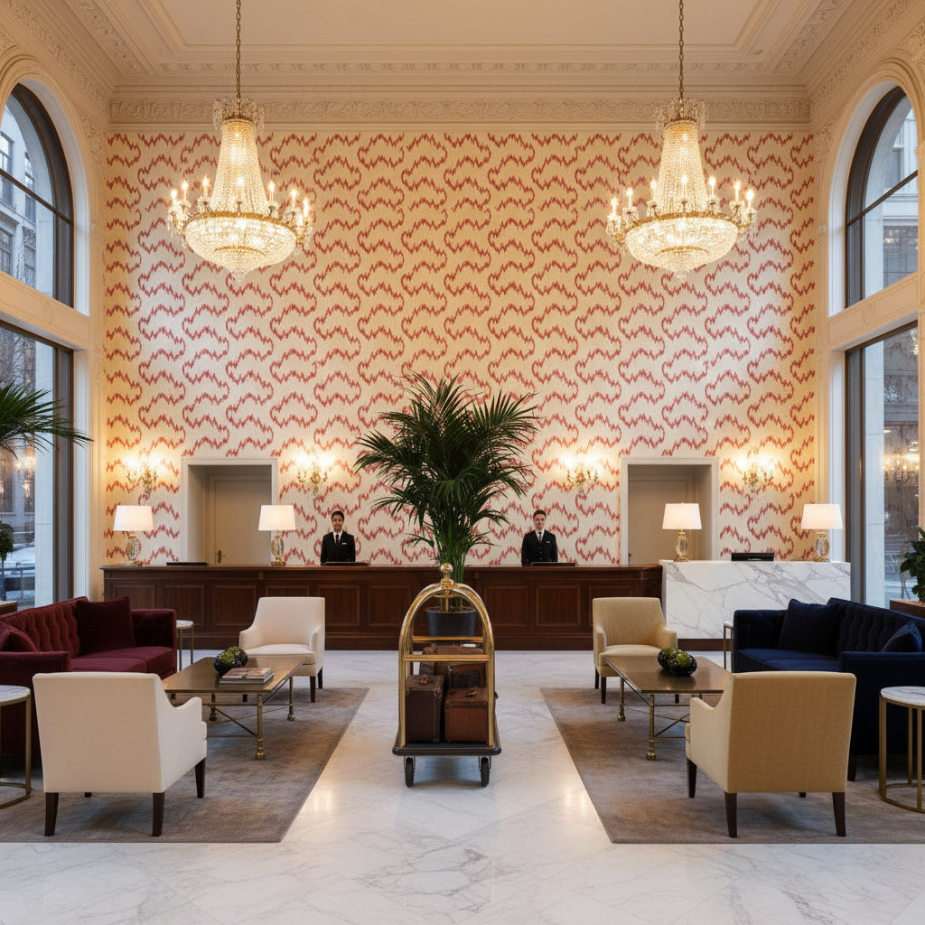 Mallorcan Ikat Berry | Kravet - Hotel Lobby Visualization (AI-generated, may not be to scale. Verify pattern scale with product specifications.)