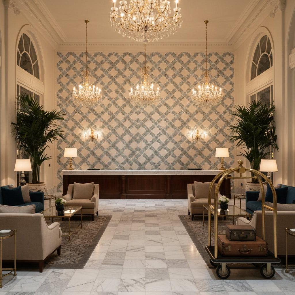 Garden Trellis Weave Sky | Kravet - Hotel Lobby Visualization (AI-generated, may not be to scale. Verify pattern scale with product specifications.)