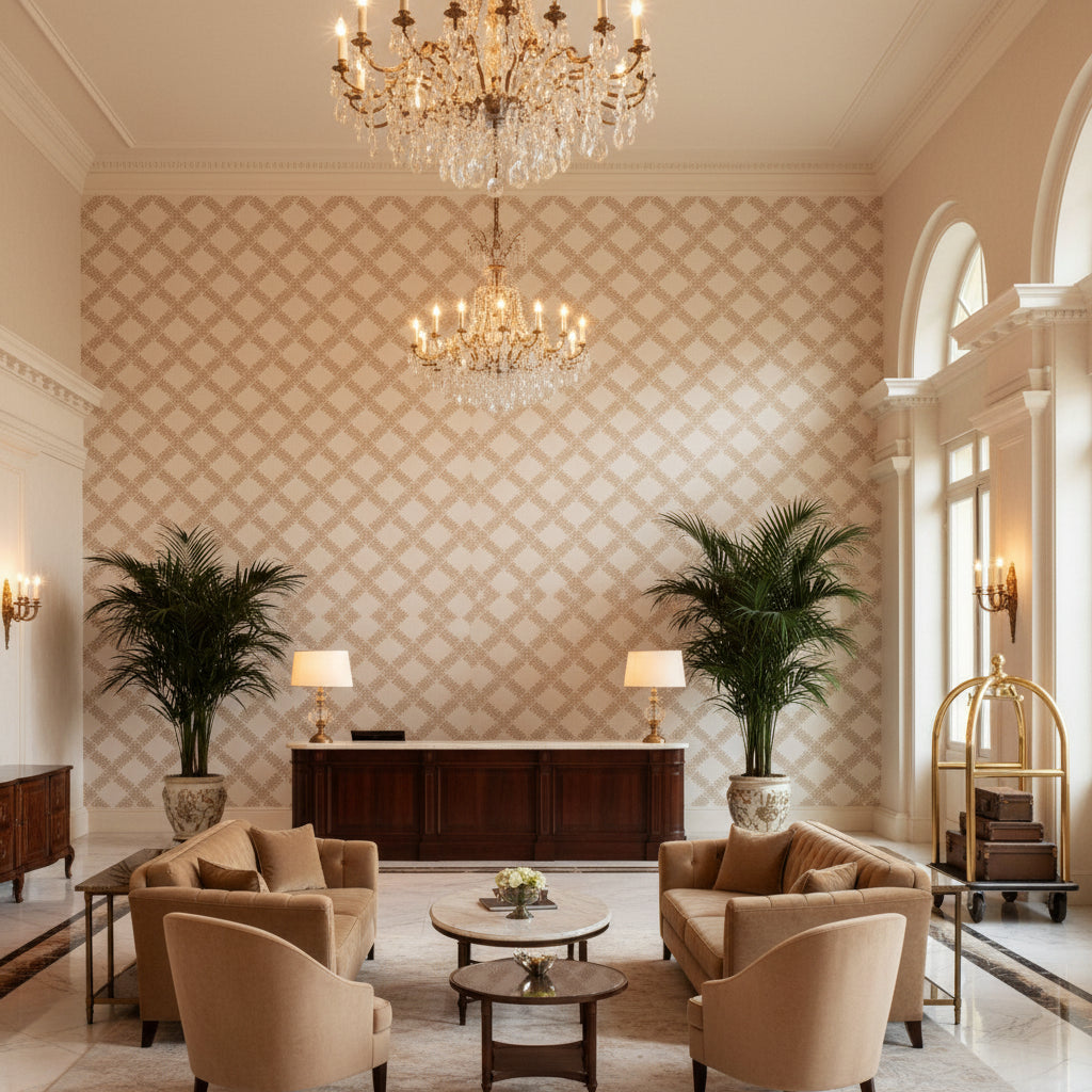 Garden Trellis Weave Sand | Kravet - Hotel Lobby Visualization (AI-generated, may not be to scale. Verify pattern scale with product specifications.)
