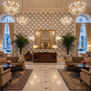 Garden Trellis Weave Blue | Kravet - Hotel Lobby Visualization (AI-generated, may not be to scale. Verify pattern scale with product specifications.)