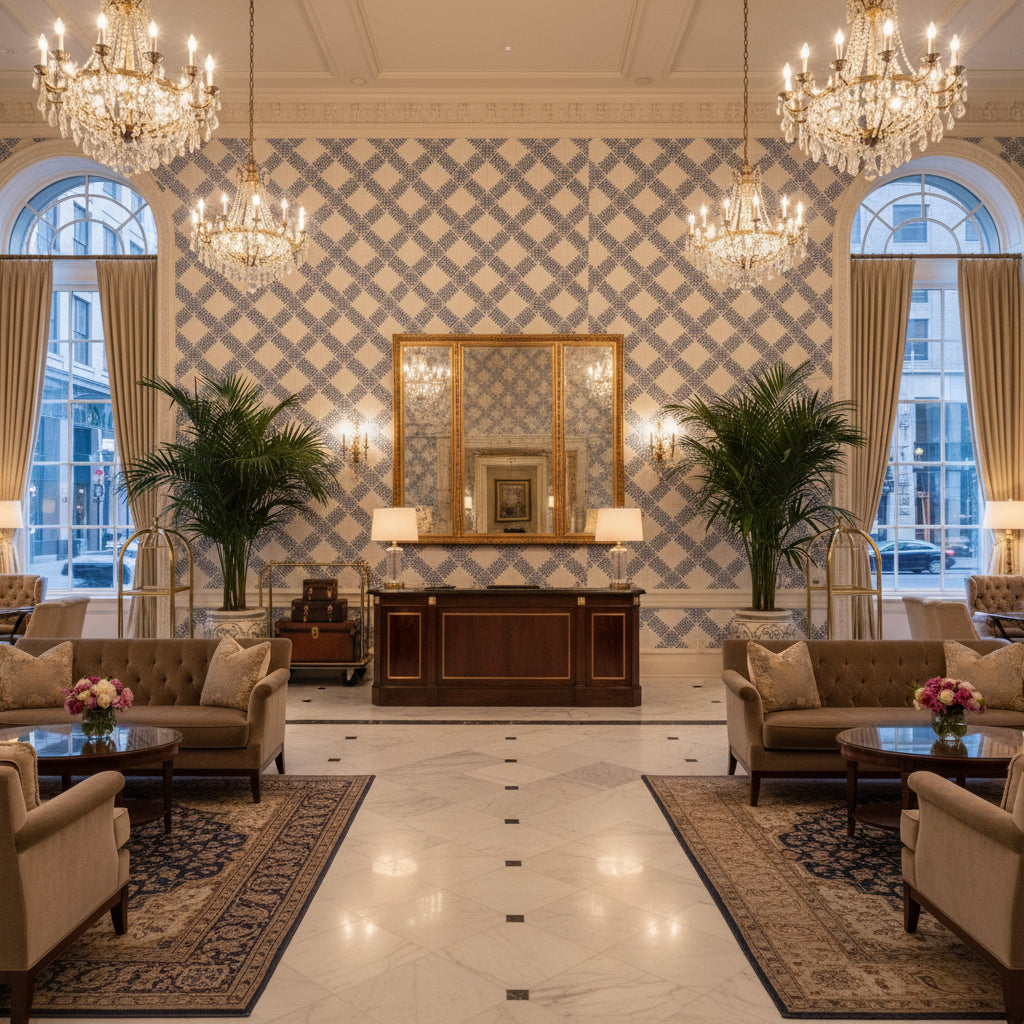 Garden Trellis Weave Blue | Kravet - Hotel Lobby Visualization (AI-generated, may not be to scale. Verify pattern scale with product specifications.)