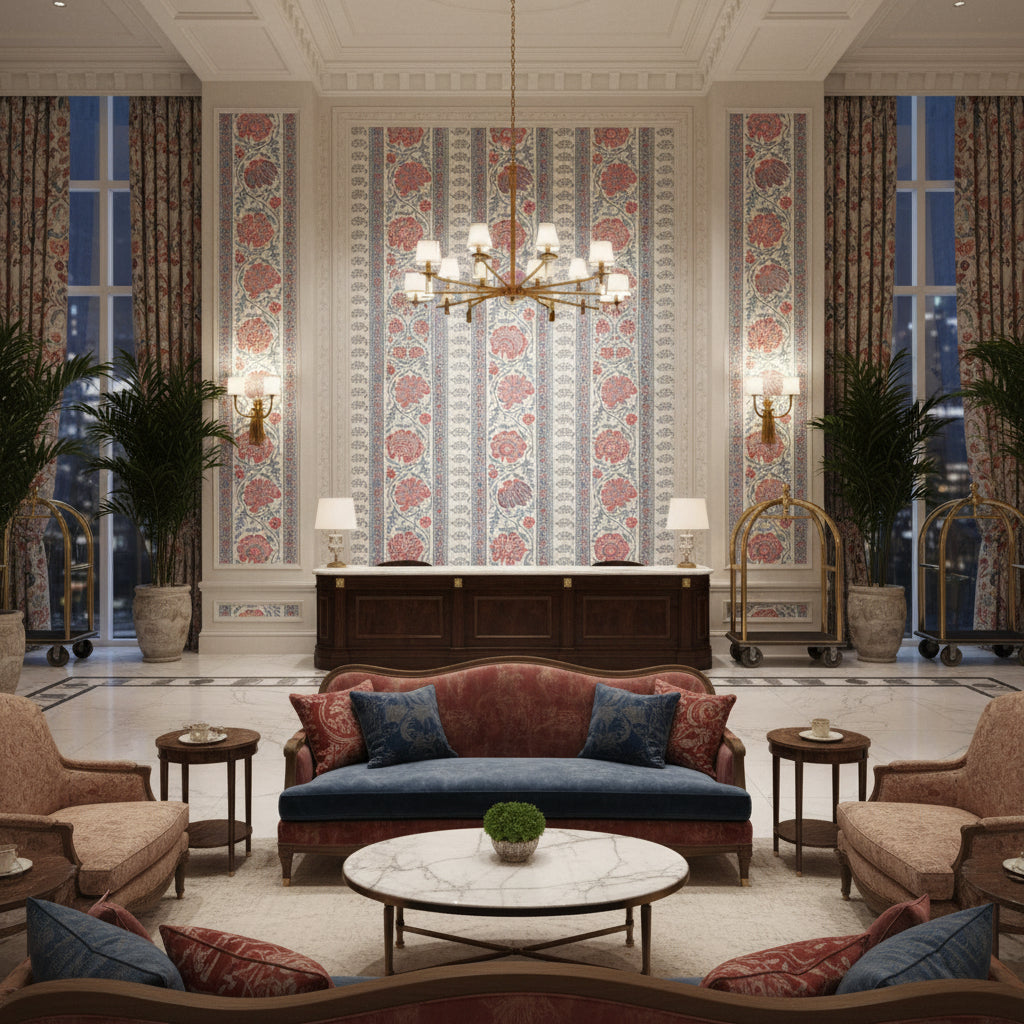 Indiennes Stripe Berry | Kravet - Hotel Lobby Visualization (AI-generated, may not be to scale. Verify pattern scale with product specifications.)