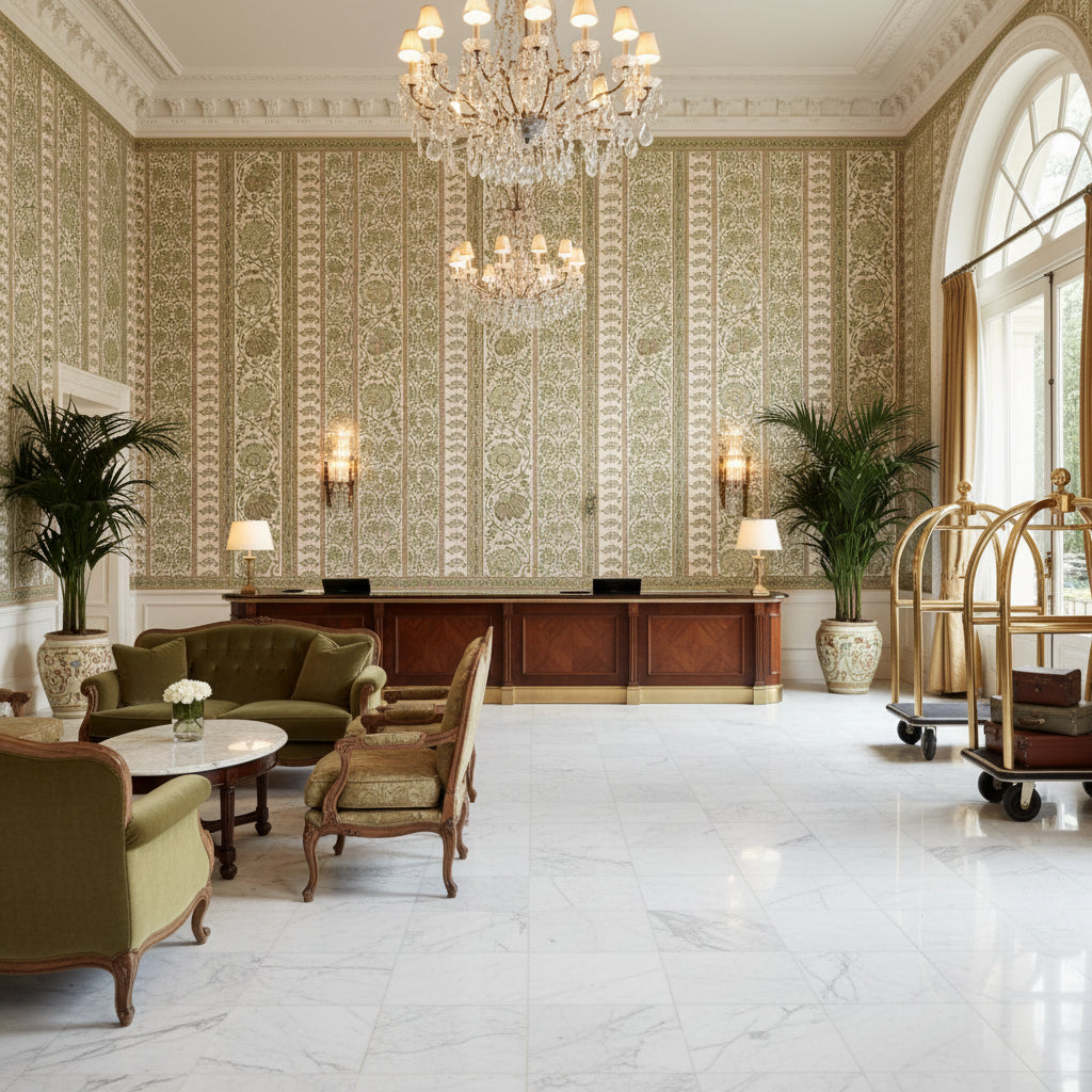 Indiennes Stripe Ivy | Kravet - Hotel Lobby Visualization (AI-generated, may not be to scale. Verify pattern scale with product specifications.)