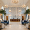 Indiennes Stripe Delft | Kravet - Hotel Lobby Visualization (AI-generated, may not be to scale. Verify pattern scale with product specifications.)
