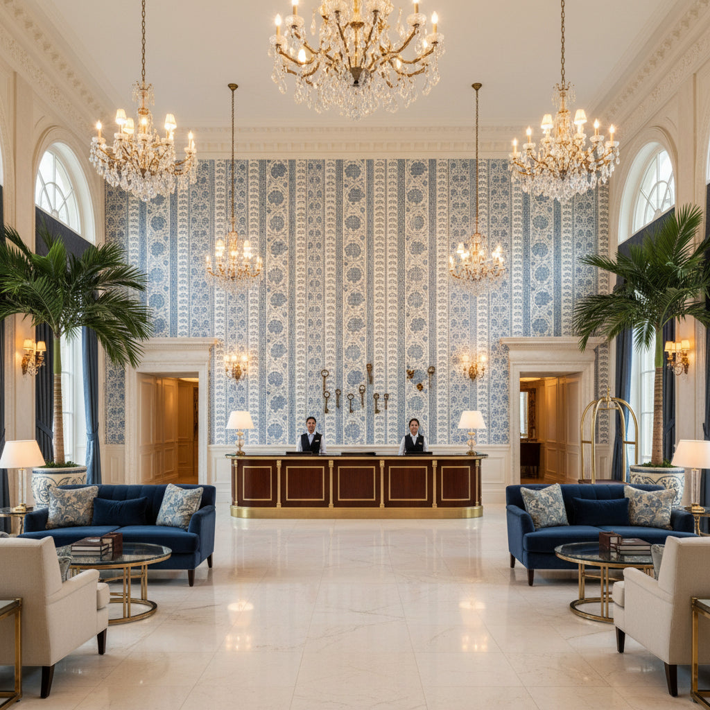 Indiennes Stripe Delft | Kravet - Hotel Lobby Visualization (AI-generated, may not be to scale. Verify pattern scale with product specifications.)