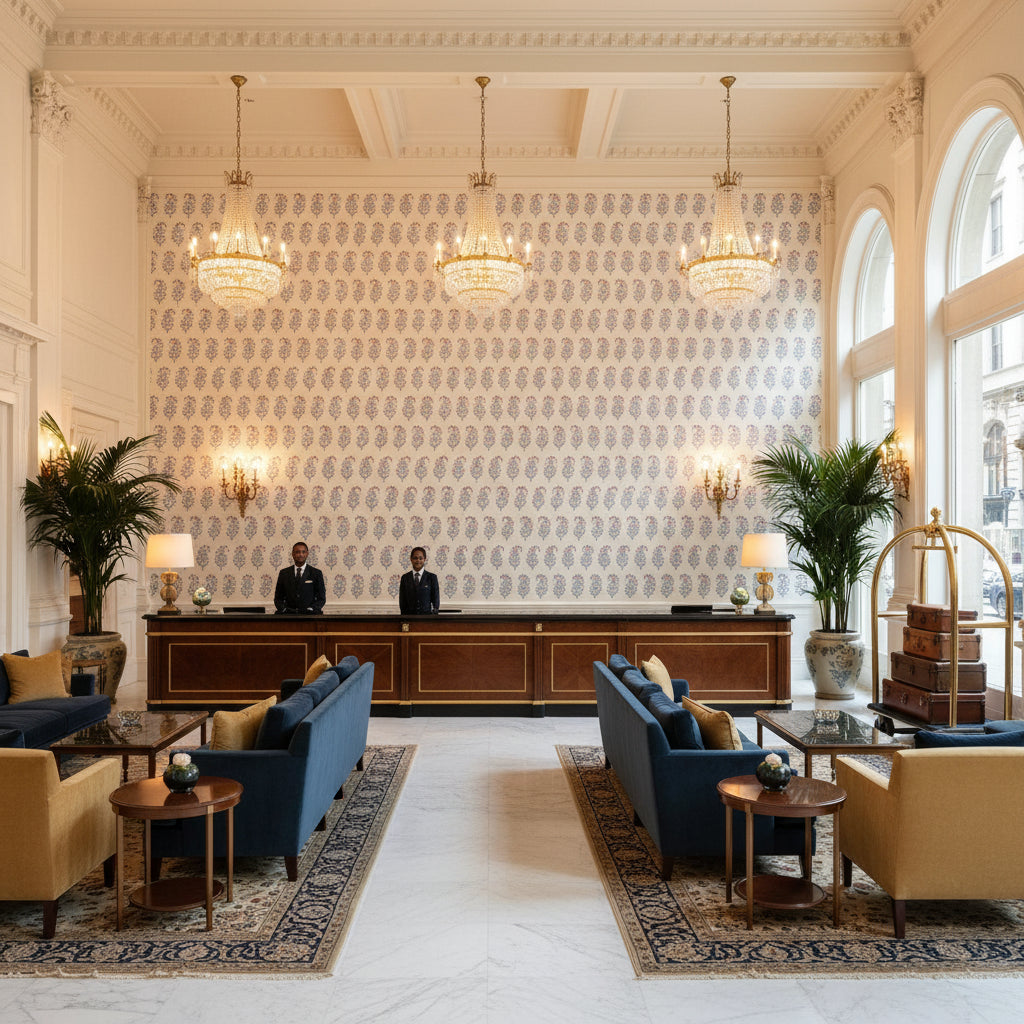 Indiennes Paisley Berry | Kravet - Hotel Lobby Visualization (AI-generated, may not be to scale. Verify pattern scale with product specifications.)