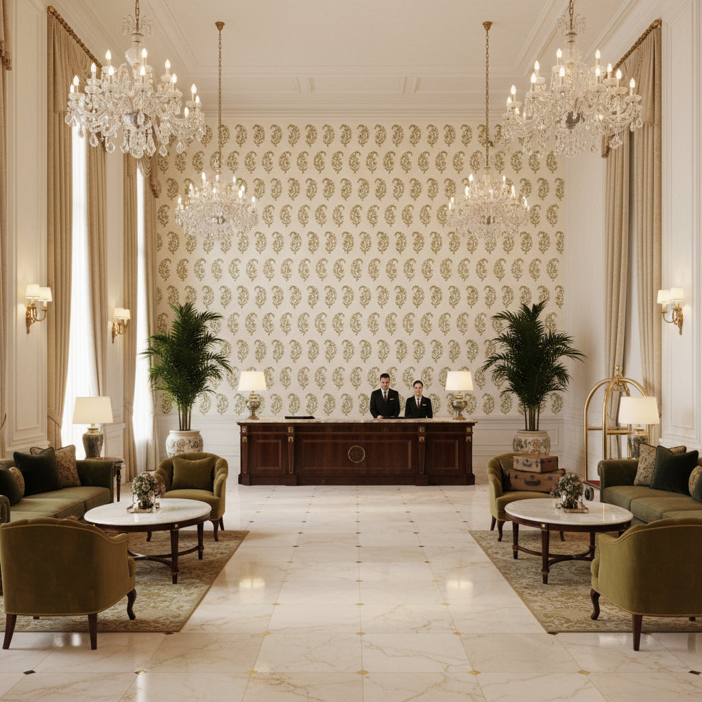 Indiennes Paisley Ivy | Kravet - Hotel Lobby Visualization (AI-generated, may not be to scale. Verify pattern scale with product specifications.)