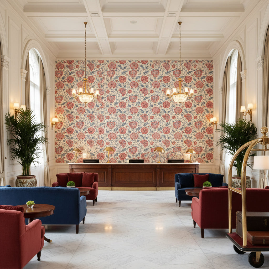 Indiennes Floral Berry | Kravet - Hotel Lobby Visualization (AI-generated, may not be to scale. Verify pattern scale with product specifications.)