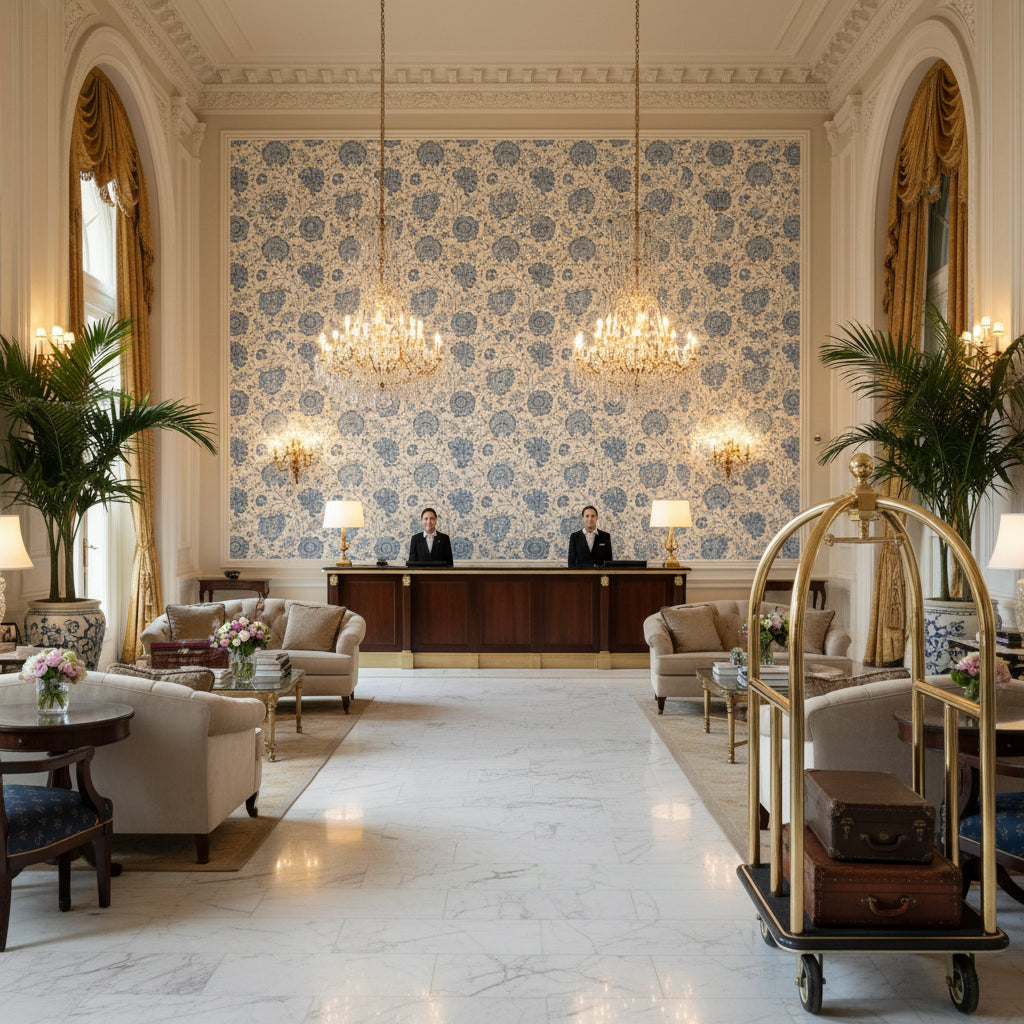 Indiennes Floral Delft | Kravet - Hotel Lobby Visualization (AI-generated, may not be to scale. Verify pattern scale with product specifications.)