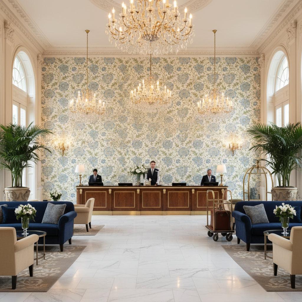 Indiennes Floral Sea | Kravet - Hotel Lobby Visualization (AI-generated, may not be to scale. Verify pattern scale with product specifications.)