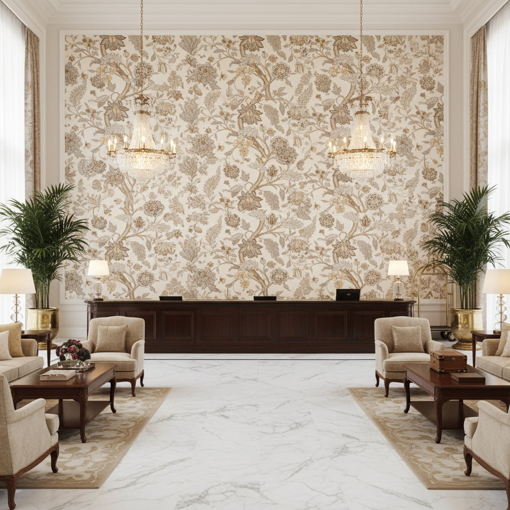 Palampore Print Stone | Kravet - Hotel Lobby Visualization (AI-generated, may not be to scale. Verify pattern scale with product specifications.)