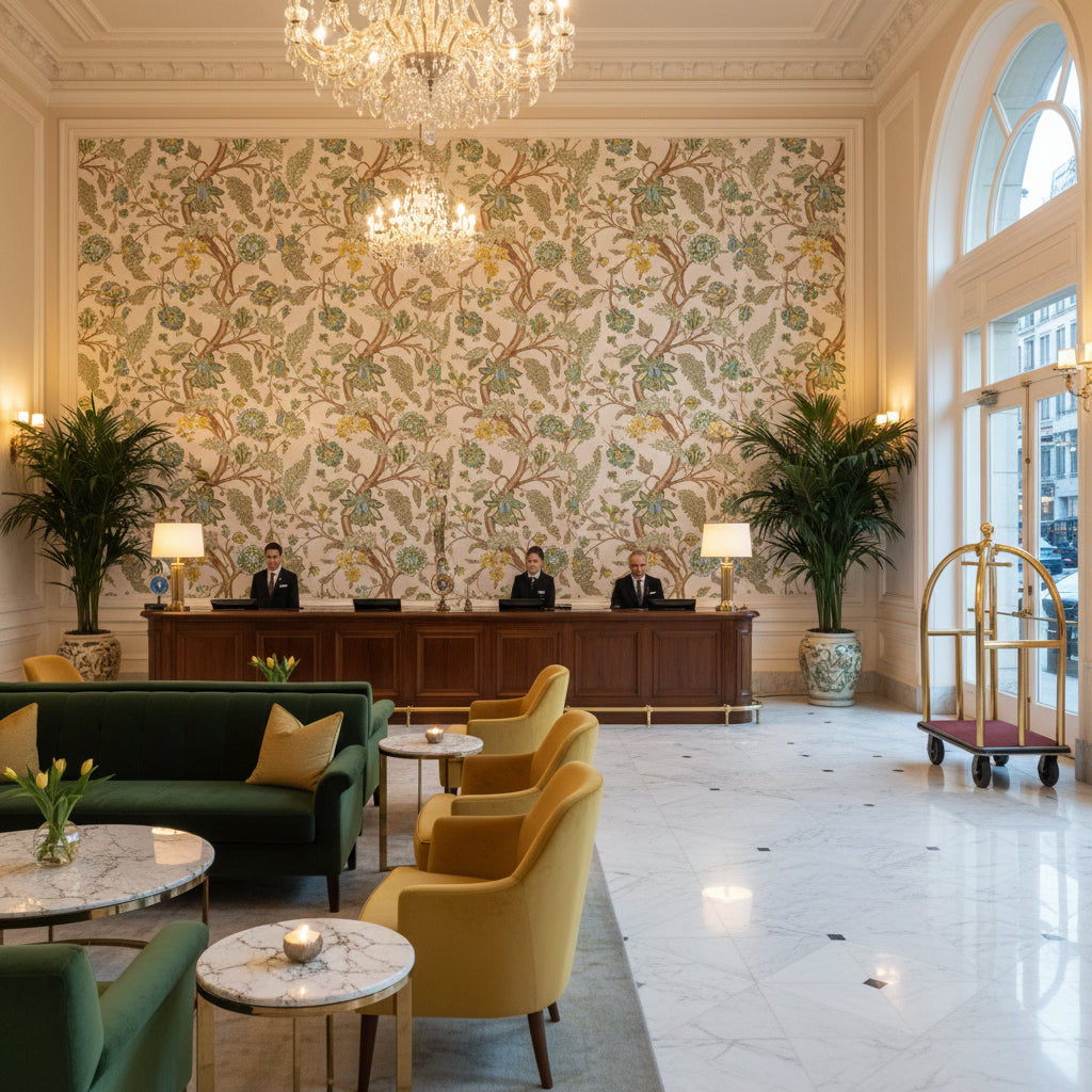 Palampore Print Spring | Kravet - Hotel Lobby Visualization (AI-generated, may not be to scale. Verify pattern scale with product specifications.)