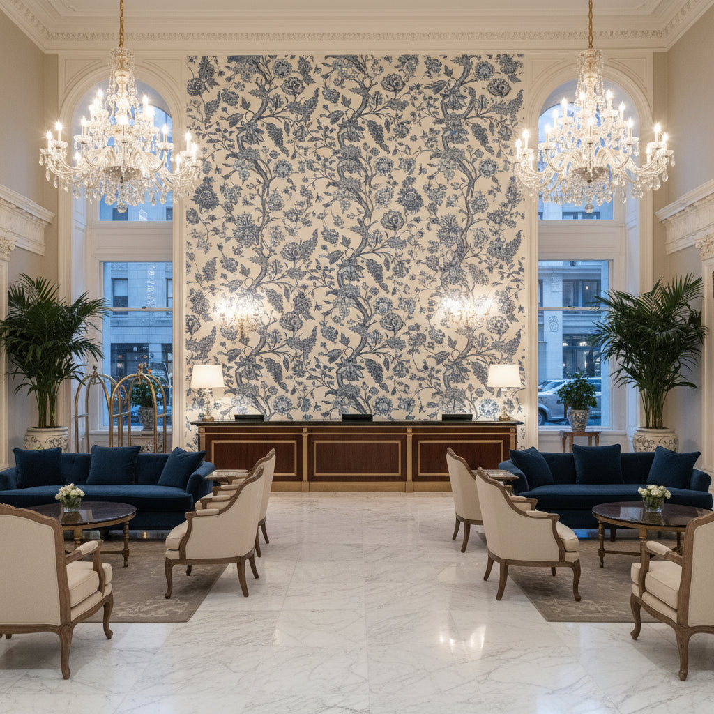 Palampore Print Delft | Kravet - Hotel Lobby Visualization (AI-generated, may not be to scale. Verify pattern scale with product specifications.)
