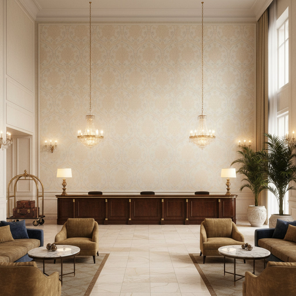 Hayes Embroidery Ivory | Kravet - Hotel Lobby Visualization (AI-generated, may not be to scale. Verify pattern scale with product specifications.)