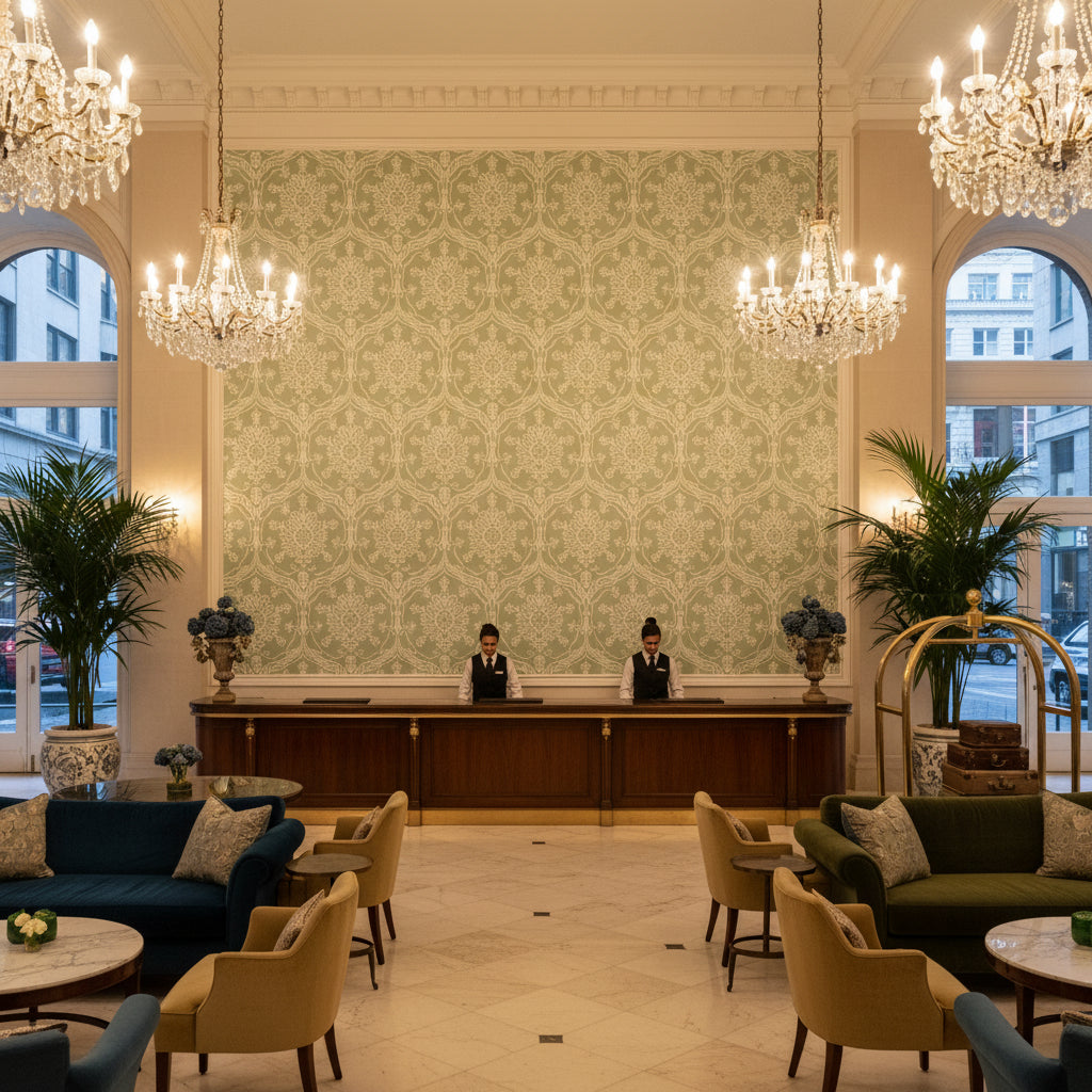 Hayes Embroidery seafoam green | Kravet - Hotel Lobby Visualization (AI-generated, may not be to scale. Verify pattern scale with product specifications.)