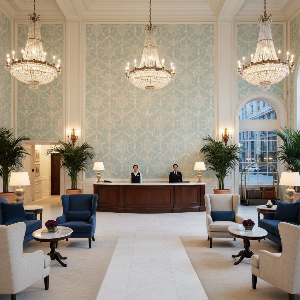 Hayes Embroidery Aqua | Kravet - Hotel Lobby Visualization (AI-generated, may not be to scale. Verify pattern scale with product specifications.)
