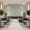 Hayes Embroidery Blue | Kravet - Hotel Lobby Visualization (AI-generated, may not be to scale. Verify pattern scale with product specifications.)