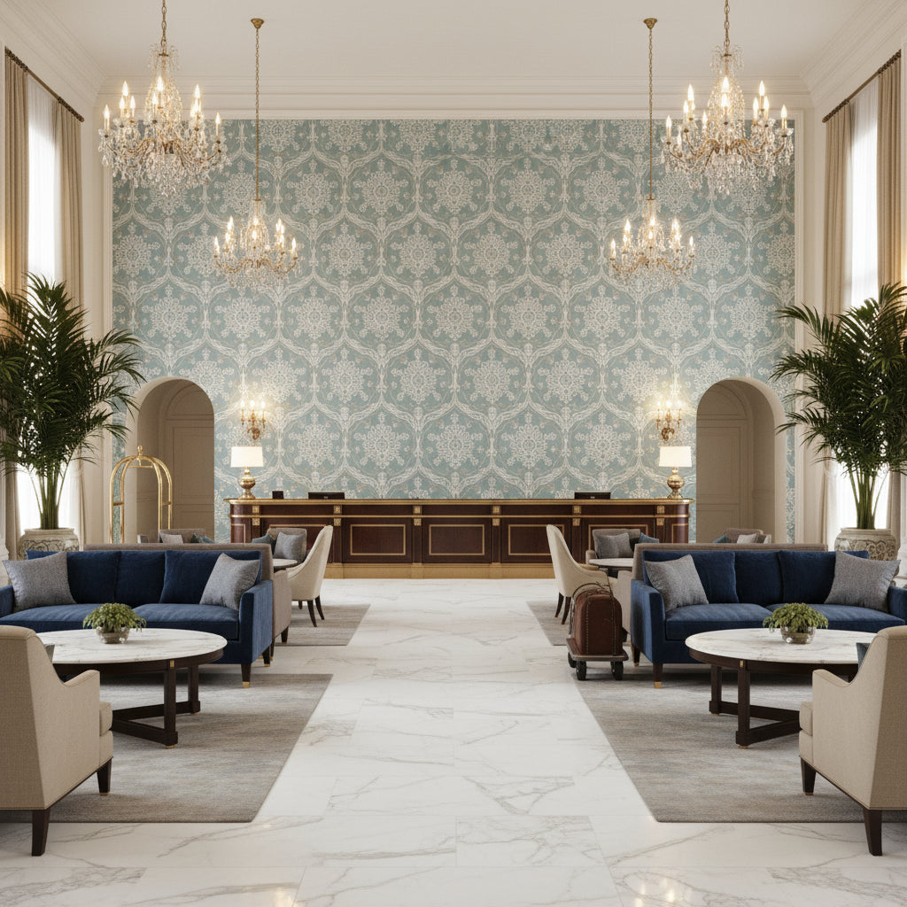 Hayes Embroidery Blue | Kravet - Hotel Lobby Visualization (AI-generated, may not be to scale. Verify pattern scale with product specifications.)