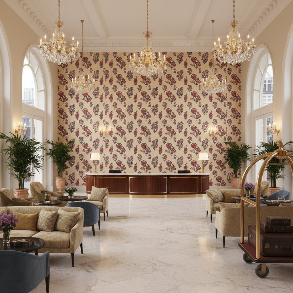 Mead Embroidery Red/Blue | Kravet - Hotel Lobby Visualization (AI-generated, may not be to scale. Verify pattern scale with product specifications.)